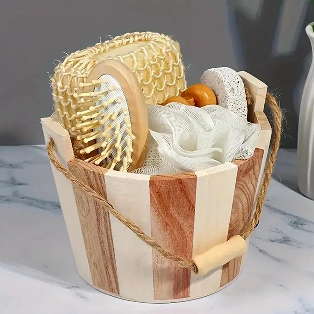 Wooden sauna bucket spa set with natural brushes and loofah