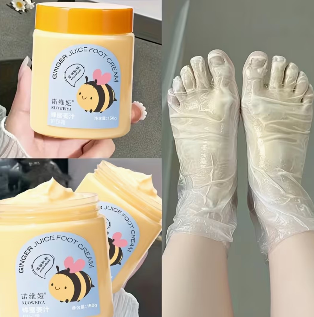 Ginger juice foot cream in yellow jar with usage demonstration