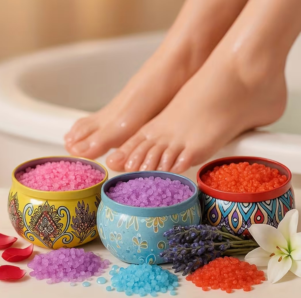 Colourful foot bath salts in decorative bowls beside a bathtub