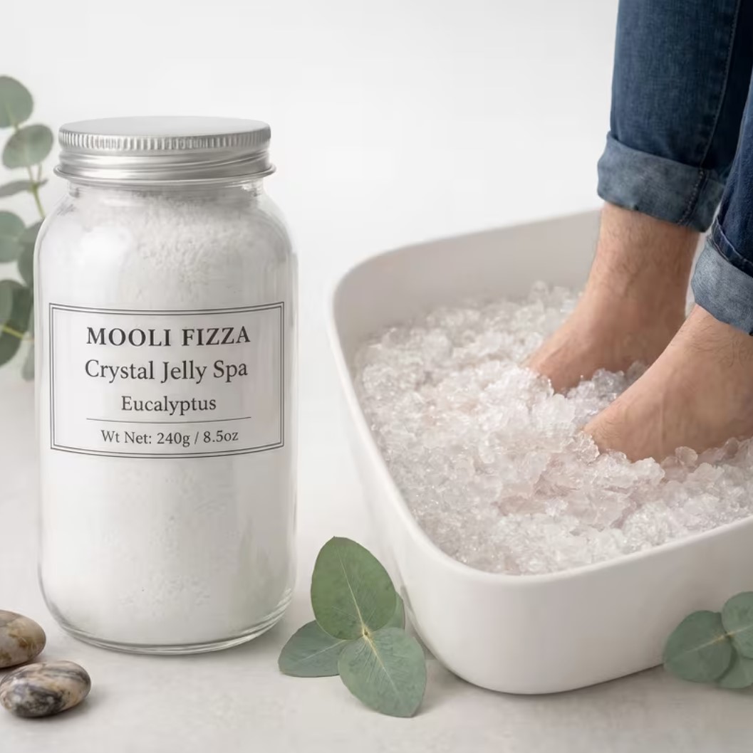 Mooli Fizza crystal jelly spa eucalyptus powder in glass jar