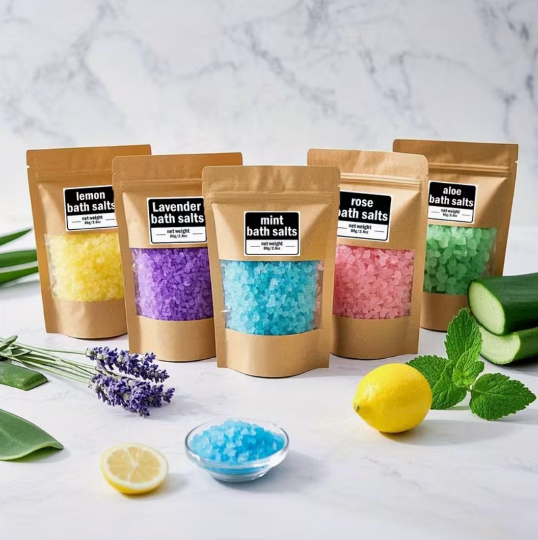 Coloured bath salts set with lemon lavender mint rose and aloe
